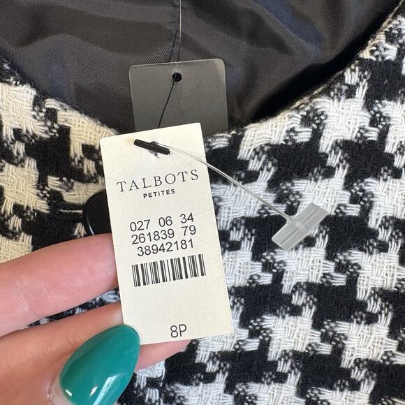 Talbots 8 Petite Black White Houndstooth Button Down Blazer Wool NWT Executive - Picture 6 of 13